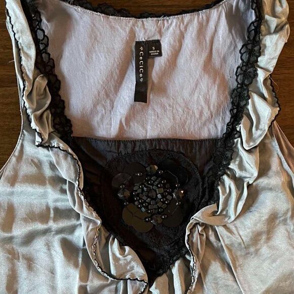 Cecico silk gray A-line sundress with black decoration size S - Picture 6 of 10